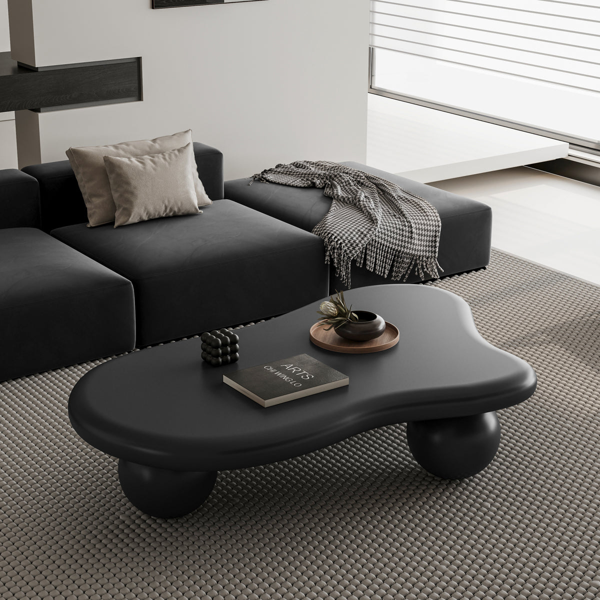 47 Inch Cloud Shaped Coffee Table with 3 Ball Legs for Living Room, Black