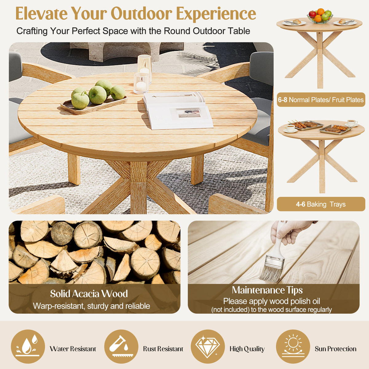 44.5 Inch Round Outdoor Dining Table, Premium Acacia Wood Patio Table with X-Shaped Base, Slatted Wooden  Table for Garden, Backyard, Balcony and Indoor Use, Acacia Wood Finish