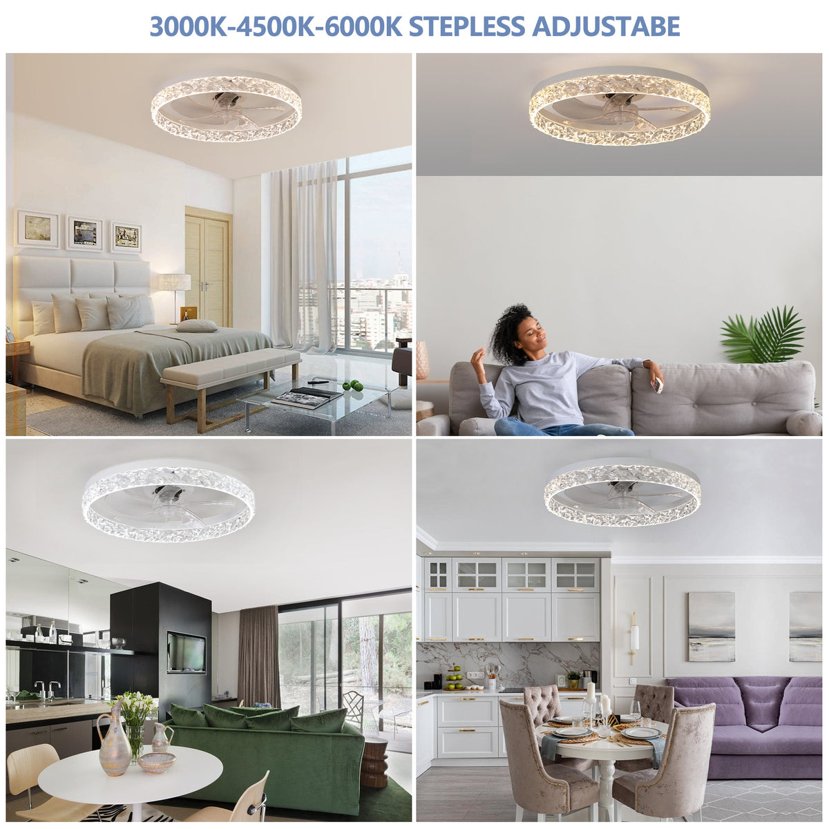 Modern Acrylic Ceiling Fan Light with Remote Control, Dimmable LED Chandelier, 6-Speed Adjustable, Quiet Motor, Flush Mount Design