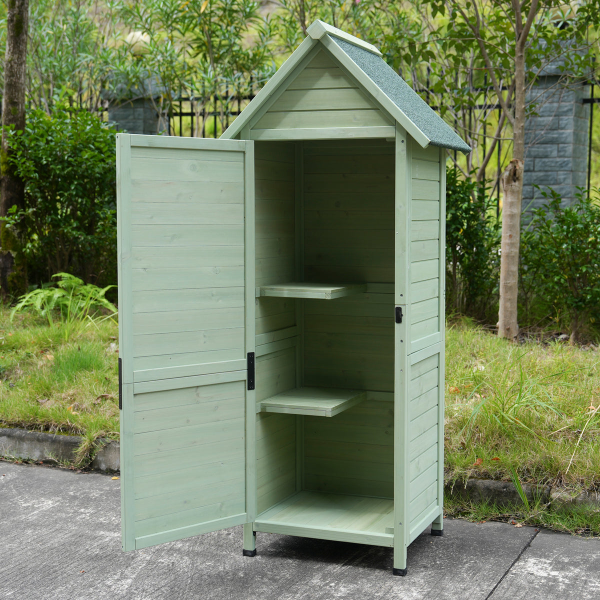 Outdoor Wooden Storage Shed, Tall Narrow Garden Tool Cabinet with Lockable Door & 2 Shelves, Waterproof Asphalt Roof, Vertical Tool Organizer for Patio, Backyard, Lawn