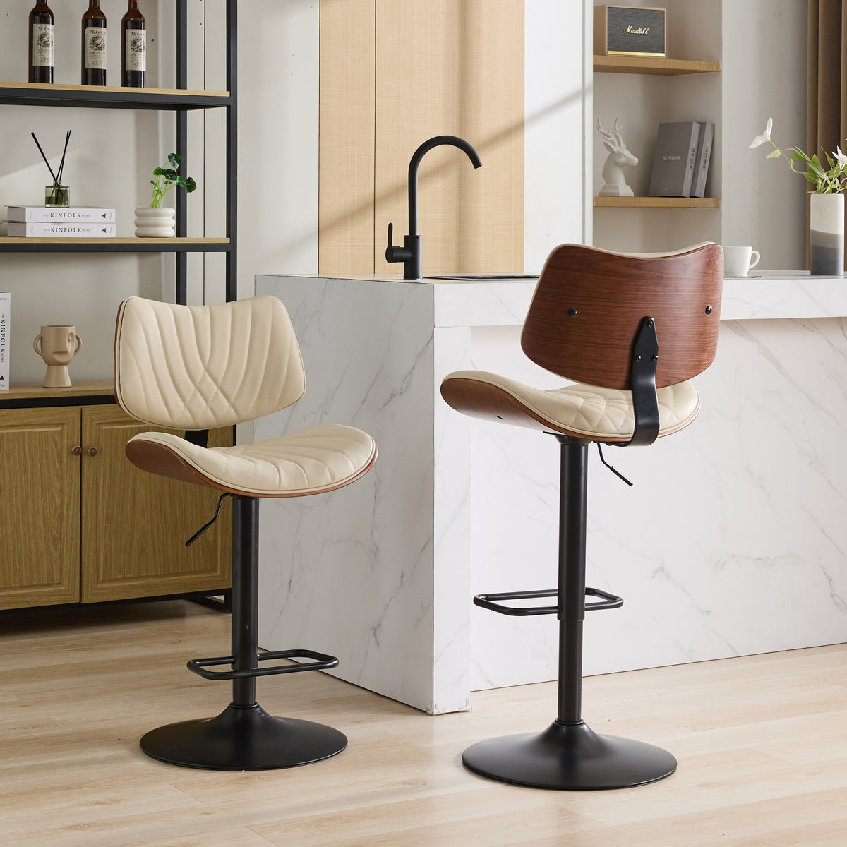 Walnut Bentwood Bar Stools Mid Century Modern Adjustable Counter Height Black Leather Upholstered 360°Swivel Bar Chairs for Kitchen – Beige