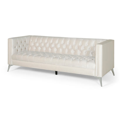 Contemporary 3-Seater Sofa with Button-Tufted Design in Beige Fabric with Iron Legs