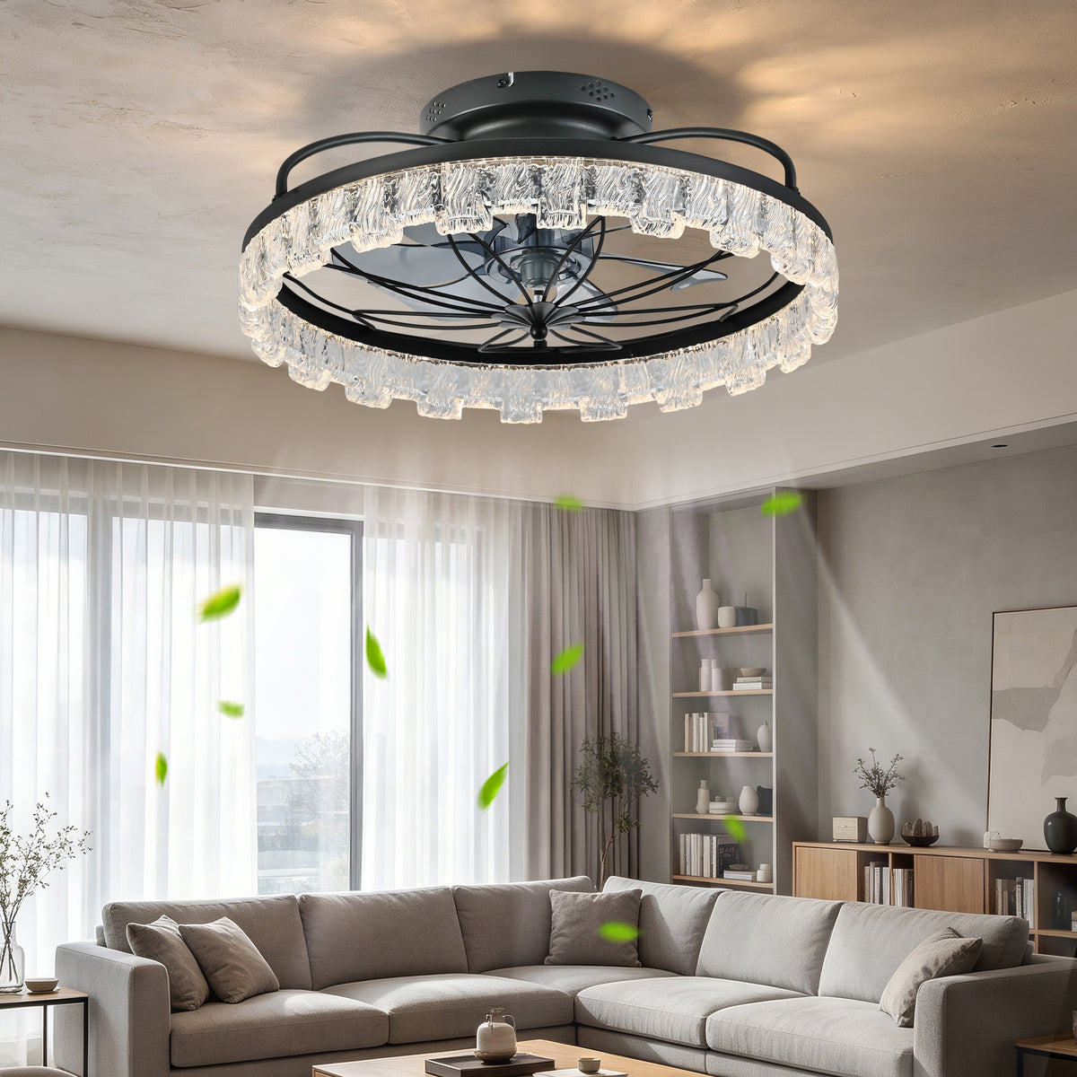 Rustic Black Ceiling Fan with Light, Farmhouse Flower Caged Ceiling Fan with Remote, LED Low Profile Ceiling Light for Bedroom Kitchen Living Room