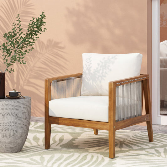 Outdoor Club Chair (Set of 1), Acacia Wood Frame with Rope Back, Water-Repellent Beige Cushions for Patio/Backyard/Deck, Teak Finish