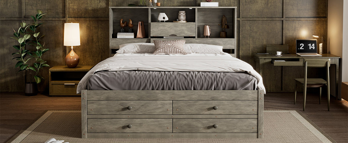 Queen Size Platform Bed with Storage Headboard and 8 Drawers, Gray