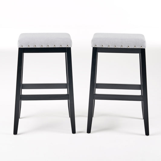 Greely Saddle Barstool Set with Fabric Upholstery in Light Grey and Wood Construction