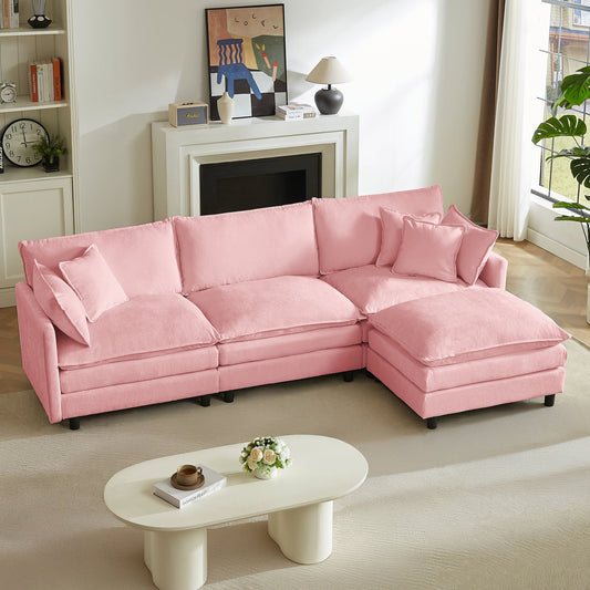 Modular Sectional Sofa, 110 Inch L Shaped Couch Set for Living Room, 3-Seater Comfy Cloud Couches with Movable Ottoman, DIY Combination, Chenille, Pink