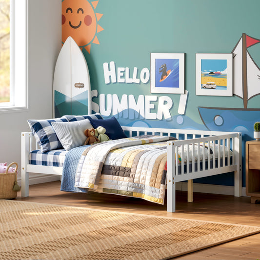 Full Size Daybed, 3-Sided Vertical Slat Guardrail Bed Frame, Breathable Wooden Slat Support Leisure Bed for Home Bedroom,White
