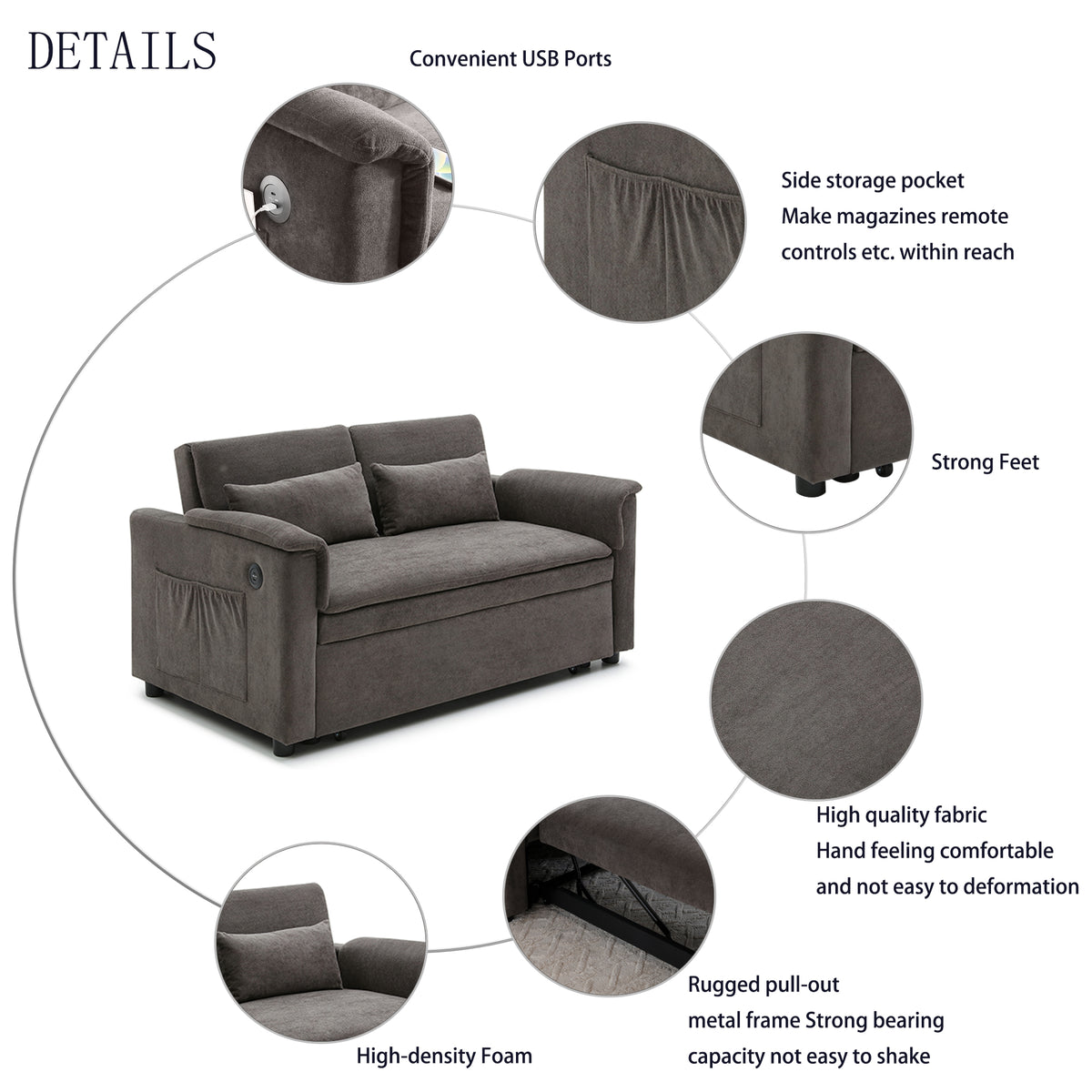 55" Velvet Two Seater Pull Out Sofa Bed, Adjustable Backrest With USB Ports, Two Side Pockets, 3 in 1 Convertible Sleeper Sofa Bed