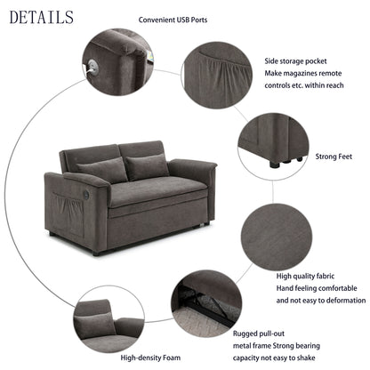 55" Velvet Two Seater Pull Out Sofa Bed, Adjustable Backrest With USB Ports, Two Side Pockets, 3 in 1 Convertible Sleeper Sofa Bed