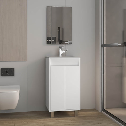 Bathroom Set, Cabinet with Sink + Mirror, 2 Doors, 4 Legs, 2 Shelves, 1 Mirror, White