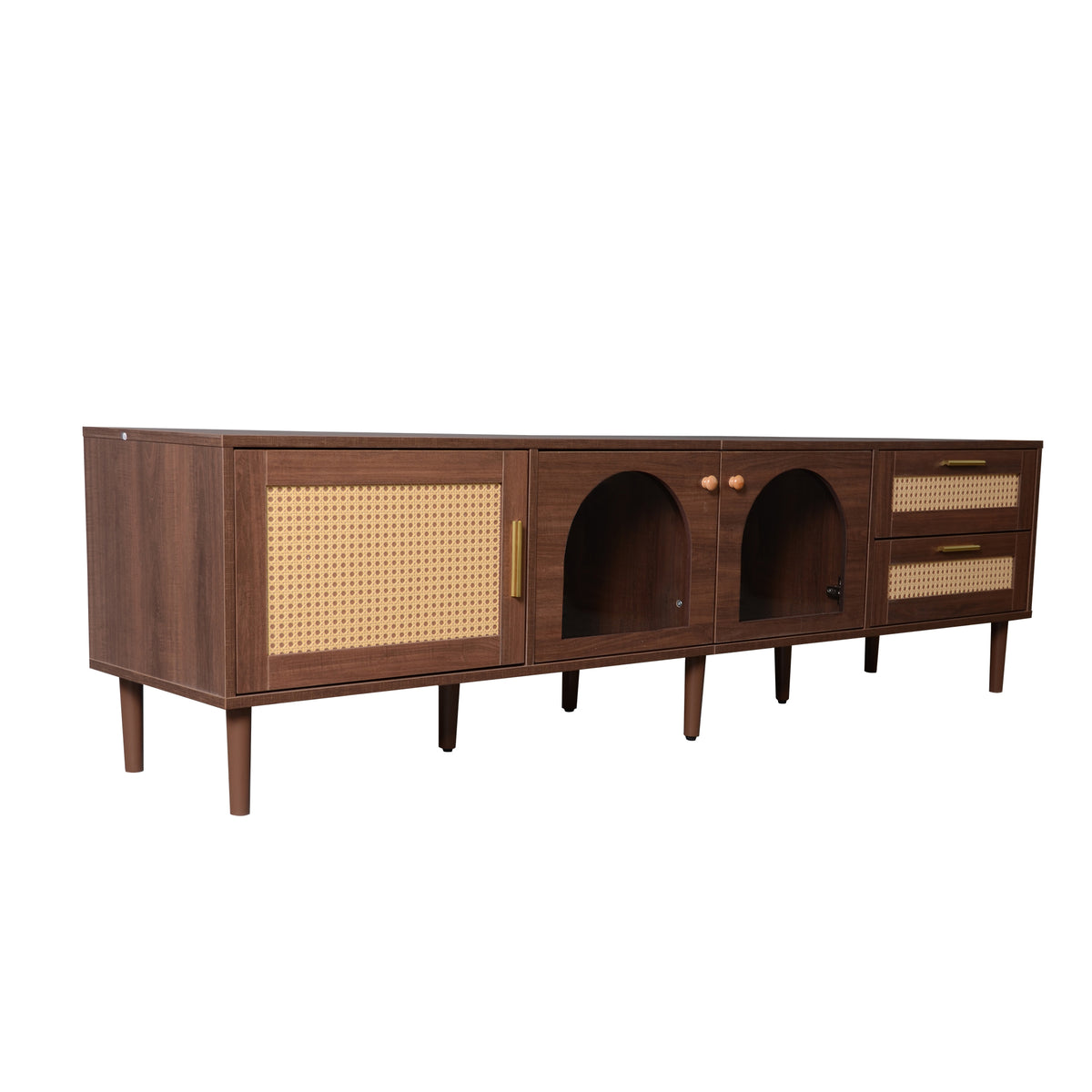 Modern 70 inch TV Stand in Dark Brown with App-Controlled LED Lights, Rattan Doors, 2 Drawers & Glass Door Storage, MDF and Solid Wood Frame