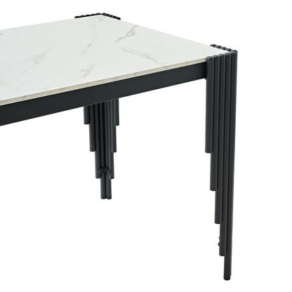 Modern 49" Rectangular Dining Table, White Marble-Look MDF Top with Black Metal Legs, Space-Saving Kitchen Desk for Small Apartments, Easy Assembly