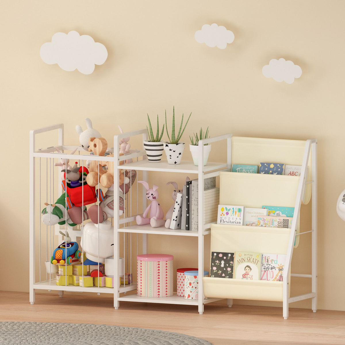 Kids Bookshelf and Toy Storage, 3-in-1 Book Shelf for Kids Rooms, Sling Baby Bookcase with Stuffed Animal Storage, Toddler Montessori Bookshelf for Nursery, Playroom, Kindergarten, White