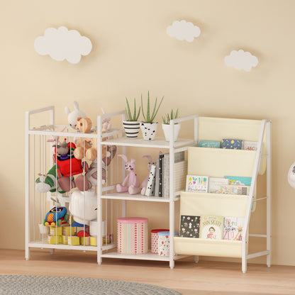 Kids Bookshelf and Toy Storage, 3-in-1 Book Shelf for Kids Rooms, Sling Baby Bookcase with Stuffed Animal Storage, Toddler Montessori Bookshelf for Nursery, Playroom, Kindergarten, White