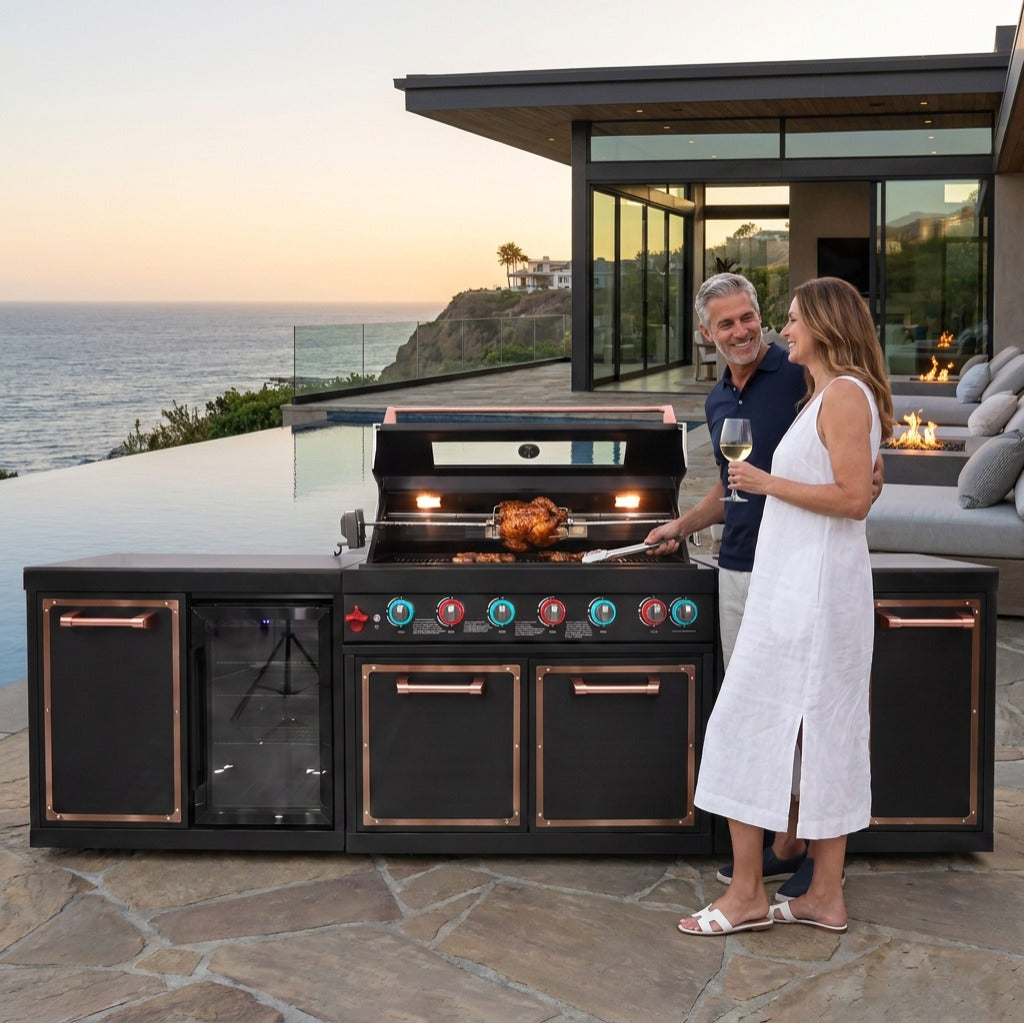 Luxury Black Titanium Outdoor Kitchen Island, 6-Burner 87,900 BTU Gas Grill with Infrared Rear Burner, 70L Refrigerator, Sink, Pull-Out Trash Bin, Rotisserie & Cover, Black/Rose Gold