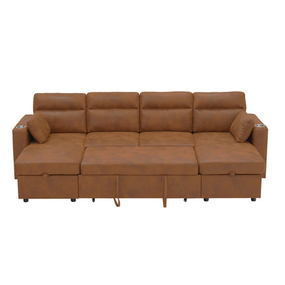 Convertible U-Shaped Sectional Sofa Bed with Double Storage Chaises, Pull-Out Sleeper, Cup Holders, and Lumbar Pillows
