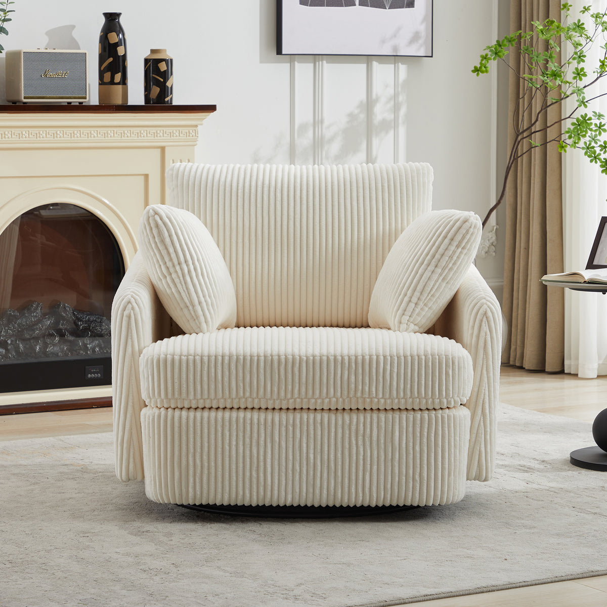 40.55''W Swivel Accent Chair With 2 Thorw Pillows 360 Degree Swivel Round Sofa Modern Oversized Arm Chair Cozy Club Chair for Bedroom Living Room Lounge Hotel, Ivory Corduroy