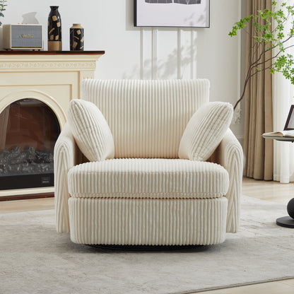 40.55''W Swivel Accent Chair With 2 Thorw Pillows 360 Degree Swivel Round Sofa Modern Oversized Arm Chair Cozy Club Chair for Bedroom Living Room Lounge Hotel, Ivory Corduroy