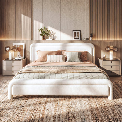 Modern White Boucle Upholstered King Size Platform Bed Frame with Curved Headboard, Wood Slats Support, No Box Spring Needed, Easy Assembly