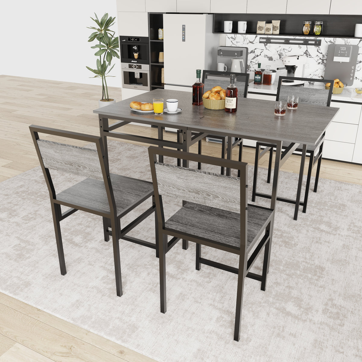 Extendable Dining Table Set with 4 Chairs, Industrial Rectangular Expandable Kitchen Table, Wood Grain Metal Frame Space Saving Dinner Furniture for Small Family Apartment