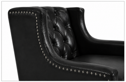 Black Faux PU Leather Accent Chair, Mid-Century Tufted Armchair with Nailhead Trim, Equipped with High Resilience Sponge Cushion & Solid Wood Legs, Comfortable Single Sofa for Living Room, Bedroom