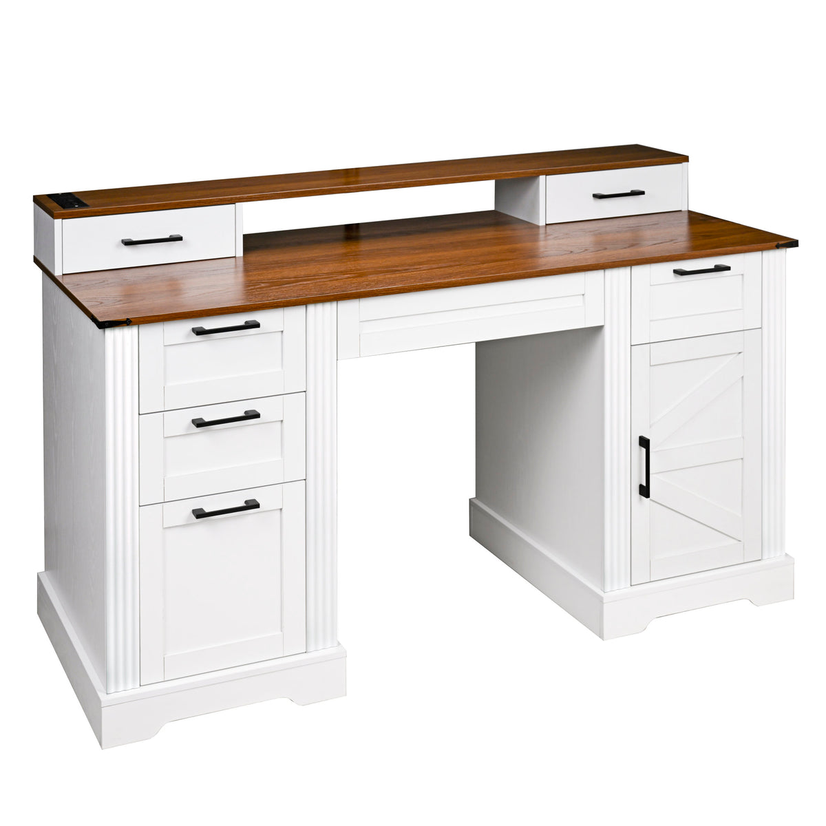 White Farmhouse Office Desk with Charging Station, Monitor Stand & Storage Cabinet, Barn Door Design, MDF, 59.5' L x 21' W x 35.8' H