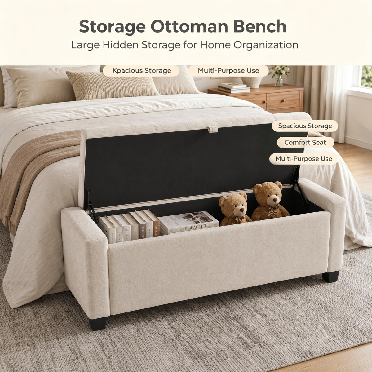 Storage Bench, End of Bed Storage Benches, Chenille Fabric Upholstered Ottoman Bench with Safety Hinge for Living Room Entryway Bedroom Hallway.Beige
