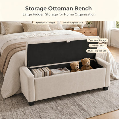Storage Bench, End of Bed Storage Benches, Chenille Fabric Upholstered Ottoman Bench with Safety Hinge for Living Room Entryway Bedroom Hallway.Beige