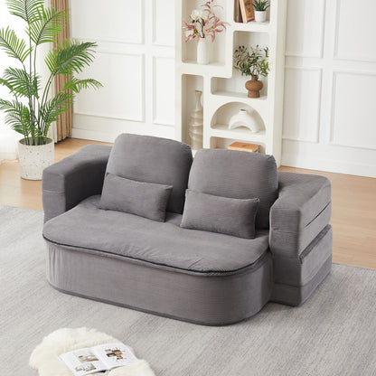 75'' 2-in-1 Foldable Sofa Bed with Multi-Functional Blanket in Grey Corduroy, Convertible Floor Lounge for Living Room Bedroom Studio