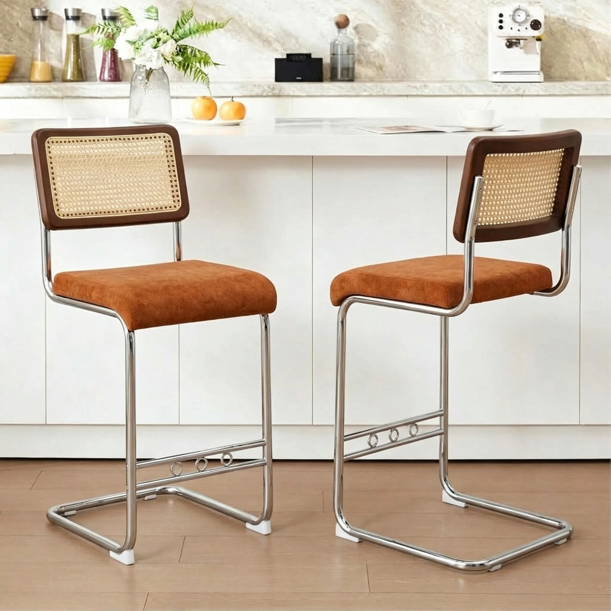 Natural Woven Bar Stool 2-Piece Set with Solid Wood Backrest 25 Inches Medieval Modern Style Counter Stool Coffee Color Velvet Kitchen Stool Chrome Metal Legs.