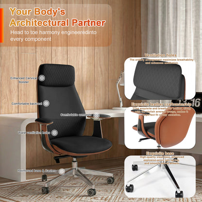 FurniBaron PU Leather High Back Office Chair with , ergonomic lumbar support 400lbs, sturdy metal base, 360° silent wheels, fit for home and office