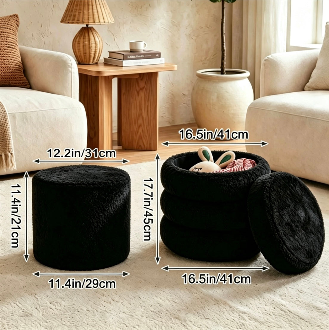 Round Ottoman with Storage Boucle Ottoman (Black)   Storage Removable Lid for Living Room Modern Vanity Sorage Stool Foot Rest Bedroom Set of 2