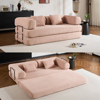Convertible Sleeper Sofa Bed with Cylindrical Pillow, Corduroy Folding Mattress Couch with Fixed-Shape Frame, Floor Sofa Lounge Couch - Pink