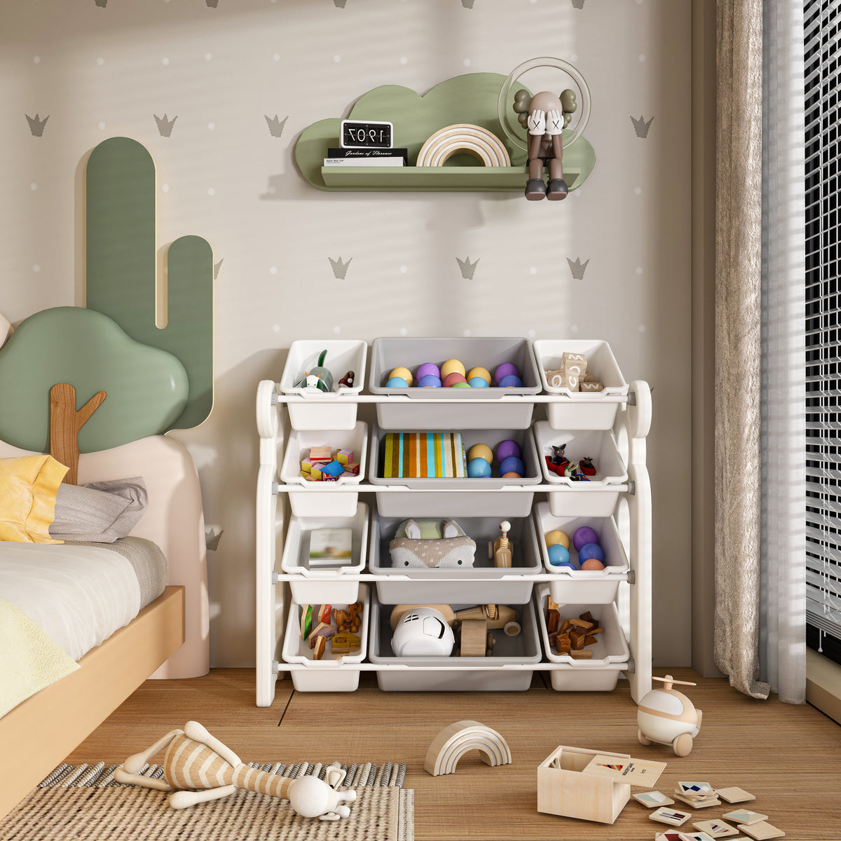 Multi-functional Kids Toy Storage Organizer Cabinet with HDPE Shelf and 12 Bins, Grey White, 33.07 x 14.17 x 33.86 inches