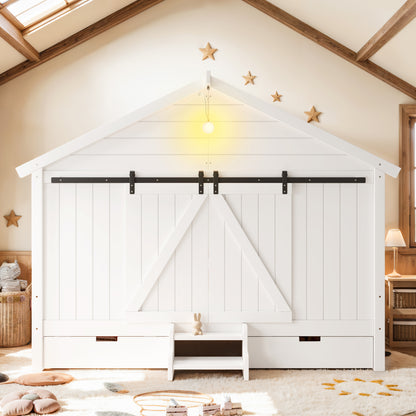 Twin Size Farmhouse Bed with Sliding Barn Door and Light Bulb, Wood house Bed Frame with Stair and Drawers, White