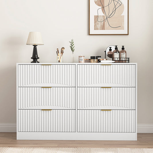 Modern 6-Drawer Dresser, Chest of Drawers, and Entryway - Large Storage Cabinet, White, Drawer panel with wavy patterns