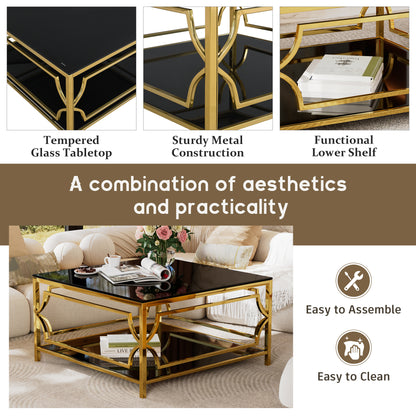 Square Glass Coffee Table in 33.5", Luxurious Geometric Metal Frame, Gold Finish & Lower Shelf