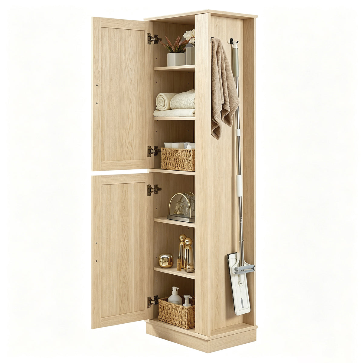 Tall Bathroom Storage Cabinet, Freestanding Storage Cabinet with Hook and Adjustable Shelf, MDF Board, Natural