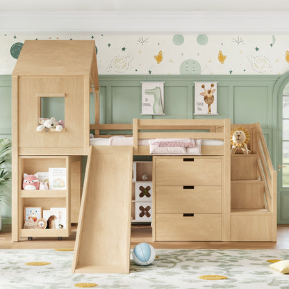 Twin Playhouse Loft Bed with Integrated Storage Drawers, Open Stair Shelves & Pull Out Desk, Kids Low House Loft Bed with Slide and Play Window, Natural
