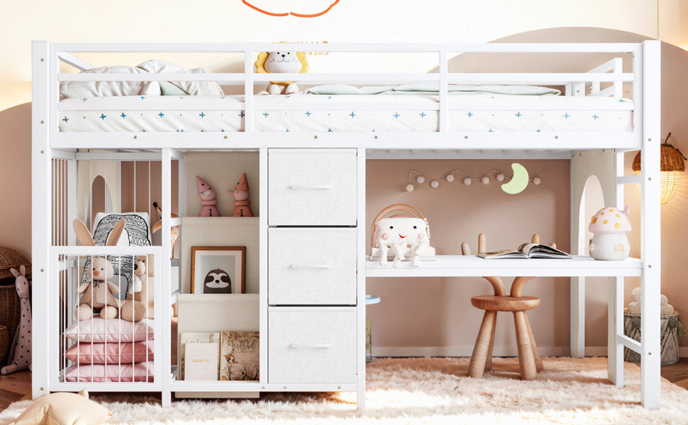 Twin Metal Low Loft Bed for Kids, Low Loft Bed with Storage Drawer, Low Loft Bed with Bookshelf & Built-in Desk, Sturdy Low Loft Bed Frame, Multi-Function Low Loft Bed for Kids.White