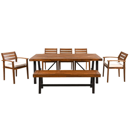 GO Outdoor Wood Dining Set For 7-8 Person, Outdoor Dining Furniture With Removable Cushions, Ergonomic Chairs And Bench, Thicker Table
