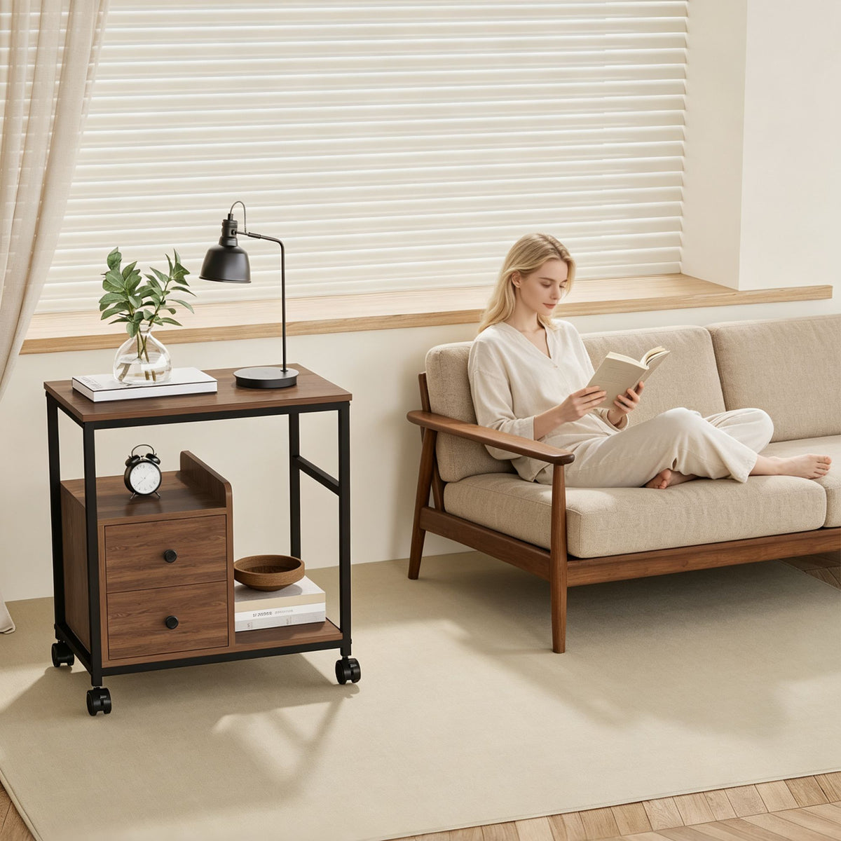 End Table with Wheels & Storage Drawers, Side Table,  Nightstand, Stable Metal Frame, Wood Top, for Bedroom Kitchen Living Room and Office, 14.9"D x 23.6"W x 25.7"H