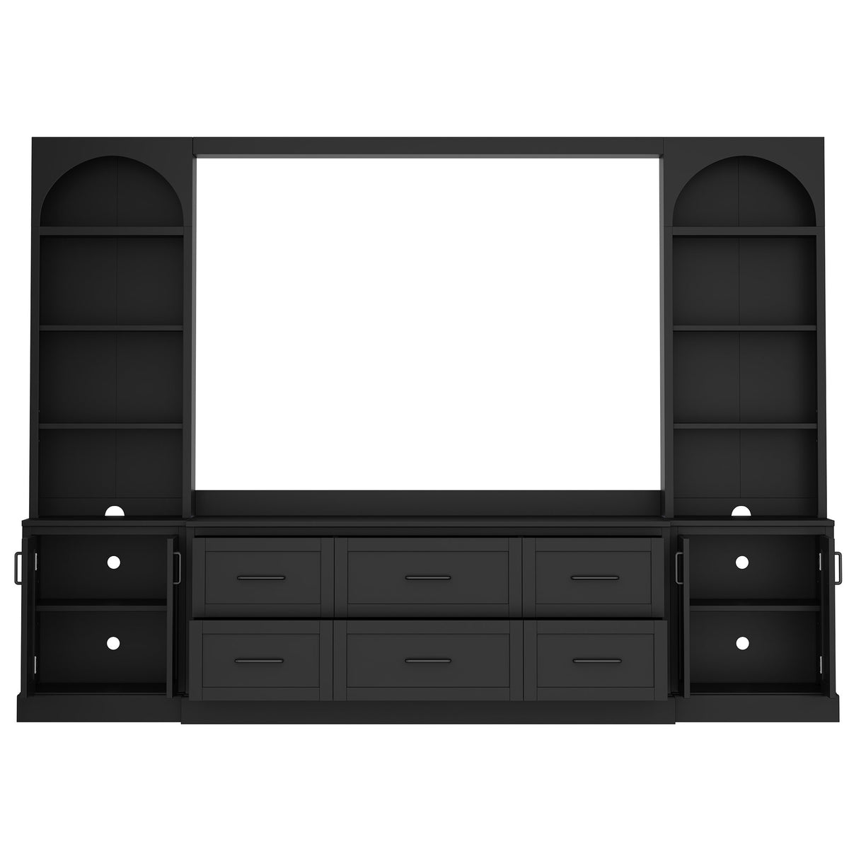Modern Arched Entertainment Center Wall Unit with 6 Drawers, Farmhouse Large TV Stand with Bookshelves for TVs Up to 70', All-in-One Media Console with Adjustable Shelves for Living Room, Black