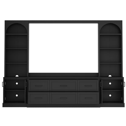 Modern Arched Entertainment Center Wall Unit with 6 Drawers, Farmhouse Large TV Stand with Bookshelves for TVs Up to 70', All-in-One Media Console with Adjustable Shelves for Living Room, Black
