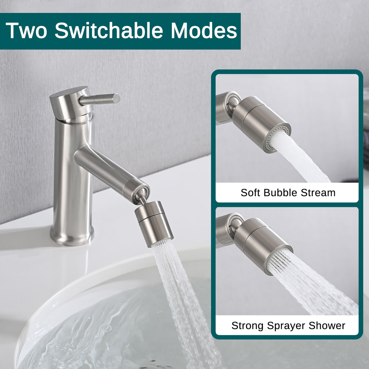Brushed Nickle Bathroom Faucet for 2 Mode Faucet for Bathroom Sink with 360° Rotating Aerator