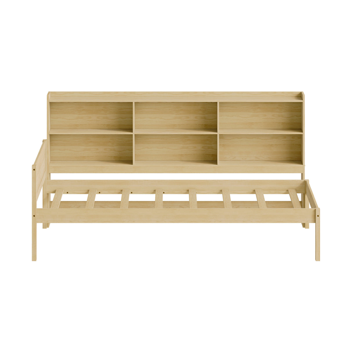 Twin Size Solid Wood Single Bed with Large Multi-compartment Storage Headboard Bookshelf, Simple Solid Wood Bed Frame, Multi-functional Storage Bed for Bedroom,Natural