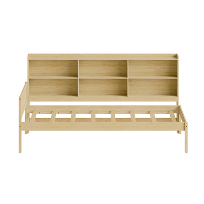Twin Size Solid Wood Single Bed with Large Multi-compartment Storage Headboard Bookshelf, Simple Solid Wood Bed Frame, Multi-functional Storage Bed for Bedroom,Natural