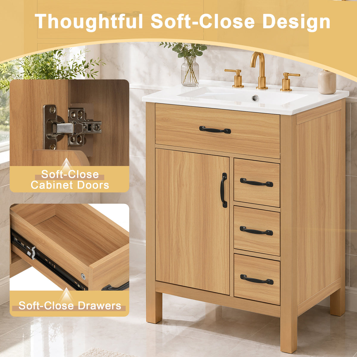 24 Inch Modern Traditional Bathroom Vanity with Ceramic Sink, MDF Cabinet & Solid Wood Legs, Black Zinc Alloy Handles, Wood Grain Melamine Finish