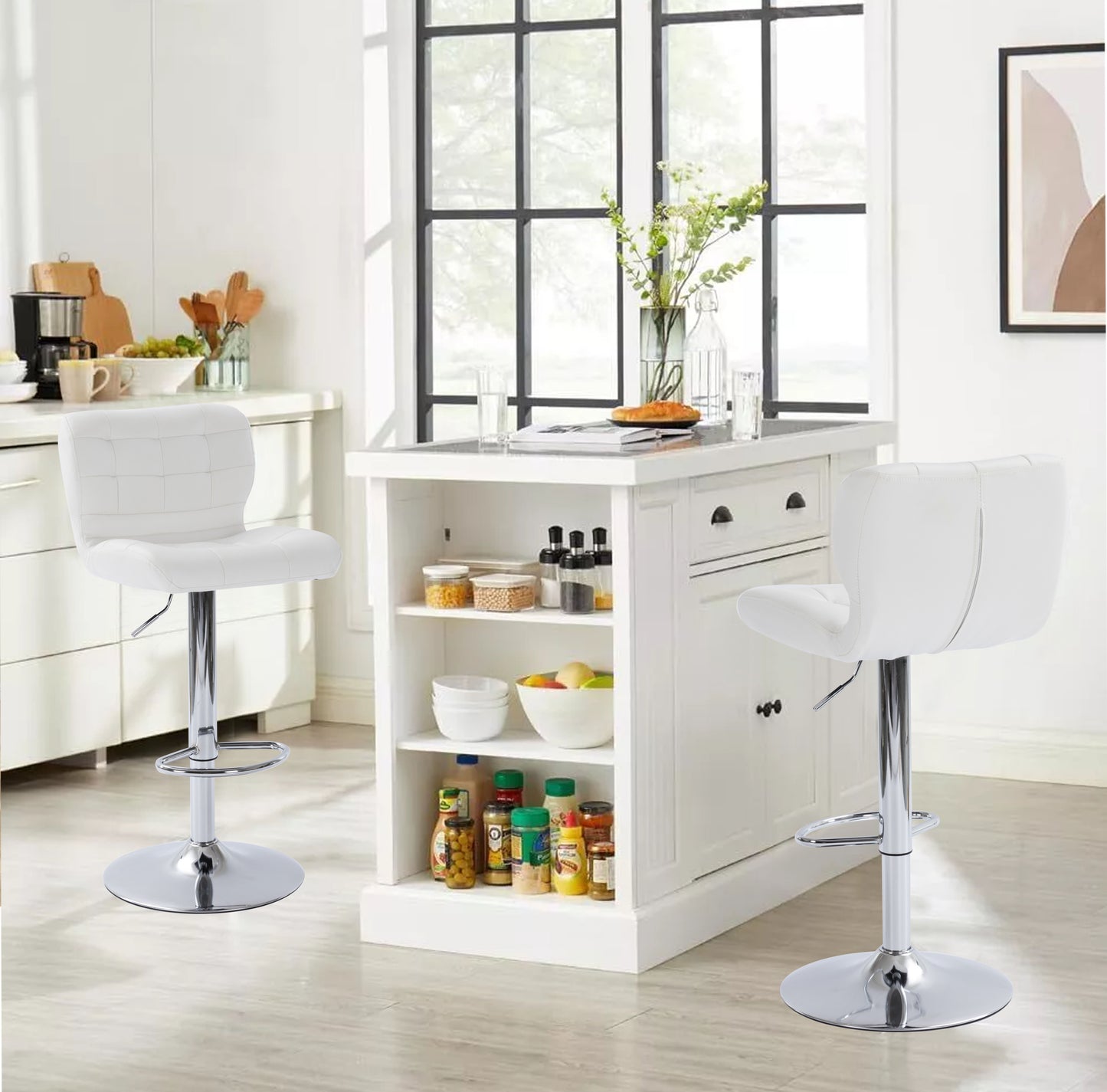Tufted  Wingback  Modern Adjustable Modern Swivel Height barstools counter stool for Kichen Island  set of 2 ,White